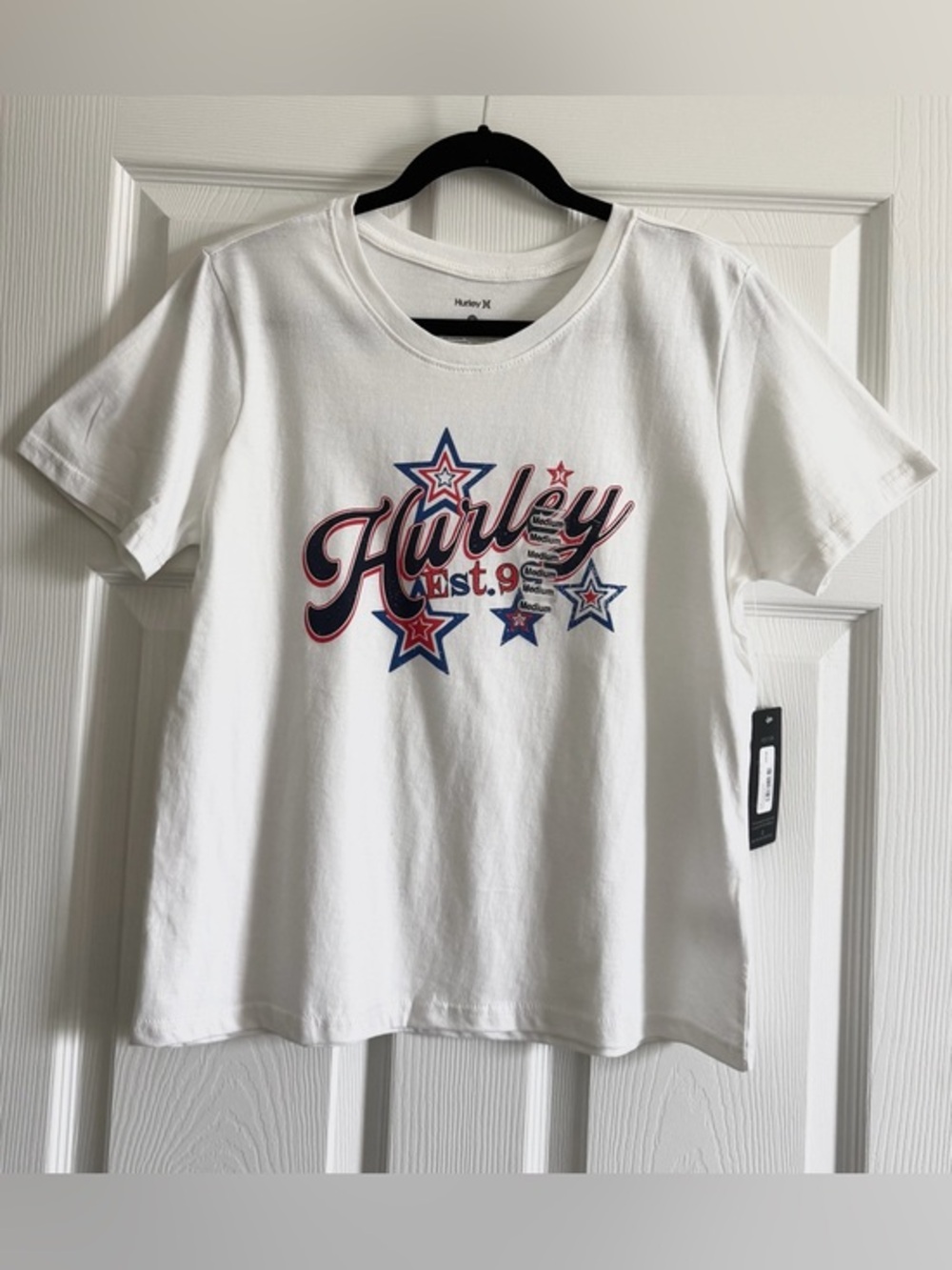 NWT Hurley White Short-Sleeve Tee with Red and Blue Star Graphic